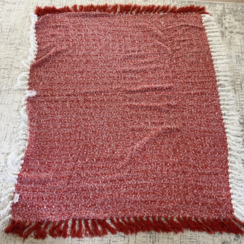 BB Shabby Chic Rust Orange‎ White Textured Woven Throw Blanket with Fringe Trim